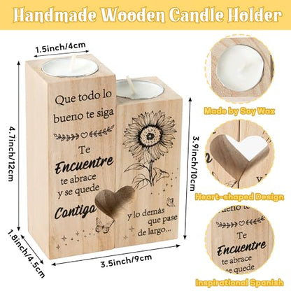 Zainpe Spanish Inspirational Candle Holders for Mum Women Grandma Daughter Friend Sister Bestie, Wooden Heart Double Sided Printing Candlestick Birthday Friendship Gifts - color: Inspirational