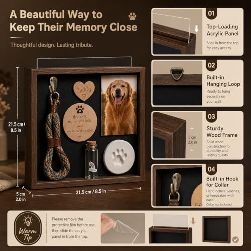 Pet Memorial Shadow Box, Rustic Solid Wood Keepsake Frame with Paw Print Kit, Fur Keepsake Jar & Collar Hook, Sympathy Gift for Dog & Cat Loss, Tabletop or Wall Display