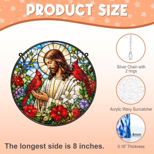 Jesus with Cardinals Memorial Suncatcher, 8" Christian Stained Glass Wavy Acrylic Window Hanging, Sympathy Gift for Loss of Loved One, Mom, Dad, Grandma, Family Members, Religious Gifts for Women - color: Jesus With Cardinals