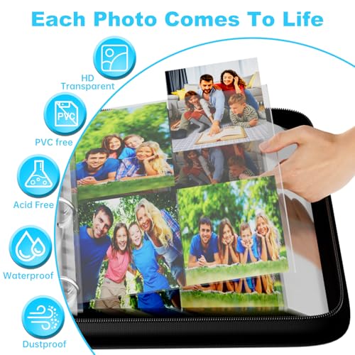 DocSafe Photo Album 4x6 400 Pockets,Fireproof Photo Book with 100 Plastic Sleeves,Large Capacity Binder Protect Family Wedding Anniversary Baby Vacation Pictures,Zipper Closure,2-Inch O-Rings,Black