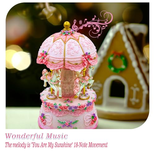Carousel Music Box,Luxury Color Change LED Light ,Luminous Rotating 3-horse | Luminous Music Box, musical box with Gift Box for Girls Birthday Valentine Gift (You are My Sunshine, Pink) - color: Pink, style: You are My Sunshine