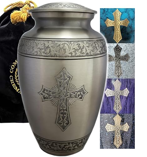 Silver Cross Cremation Urns for Human Ashes Adult Female & Male Urns | Large Cremation Urns For Ashes Adult Female & Male, Cross Urn, Brass, Hand Engraved, Threaded Lid, Felt Bottom - color: Silver, size: Large