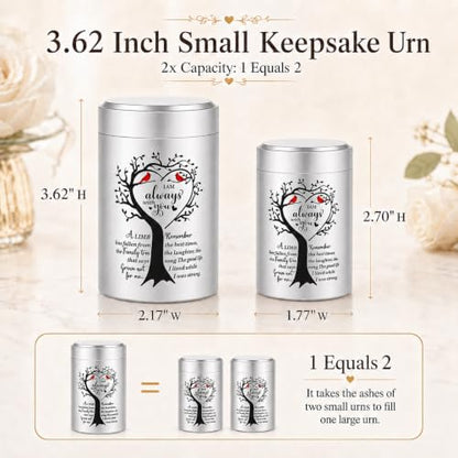 Set of 2 Small Urns for Human Ashes Keepsake, 3.62 Inch Mini Cremation Urns for Human Ashes, Memorial Funeral Sharing Keepsake Urns Set with Two Cardinal Birds, Silver