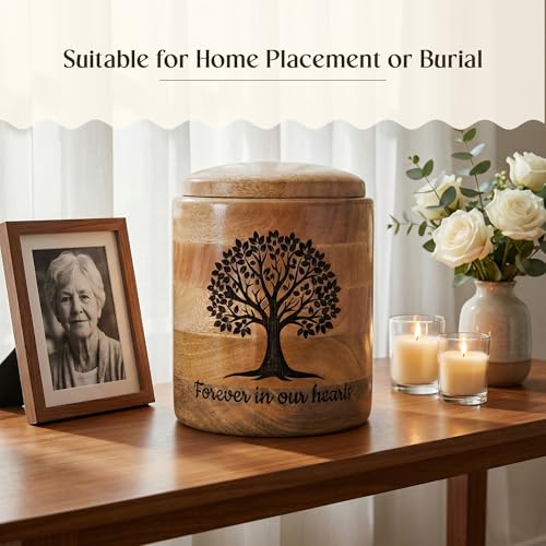 Large Wooden Cremation Urn for Human Ashes – 200 Cubic Inch Tree of Life Engraved Memorial Urn, Natural Wood, Adult Male Female - size: Large 200 Cu In