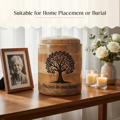 Large Wooden Cremation Urn for Human Ashes – 200 Cubic Inch Tree of Life Engraved Memorial Urn, Natural Wood, Adult Male Female - size: Large 200 Cu In