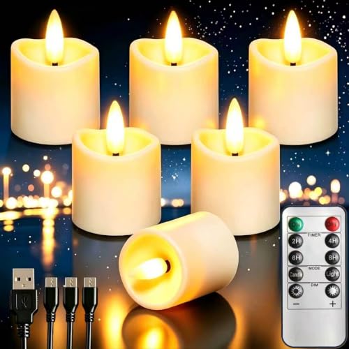 Rechargeable Flameless Tea Light Candles with Timer Remote, 1.5"x2.2" Electric Fake Flickering Votive Candles for Anniversary Wedding Centerpiece Table Decor Funeral Halloween Christmas (6 Pack) - color: Style A
