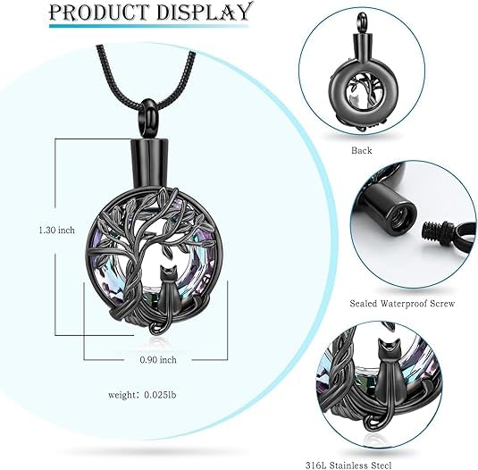 Hearbeingt Tree of Life Cremation Jewelry Paw Print Urn Necklace for Ashes - color: A-Black