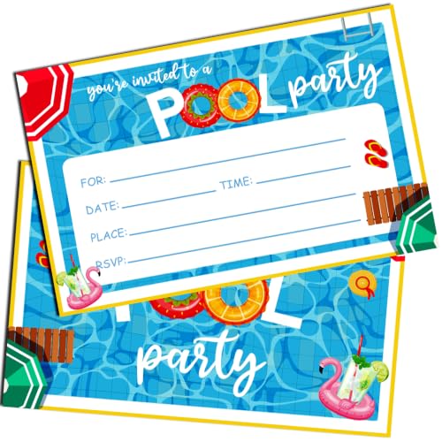 Pool Party Birthday Invitations 20Pcs with Envelopes Fill-in Cards - color: Blue Pool