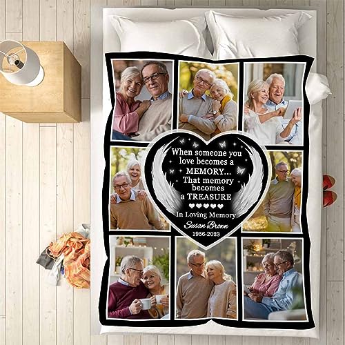 Customized Memorial Blanket with Photo Custom Black Heart Angel Wings Picture Blanket for Lost of Loved Ones Mom Dad Grandma Grandpa Personalized Blanket as Bereavement Remembrance Gifts 30x40 - color: Pattern 02