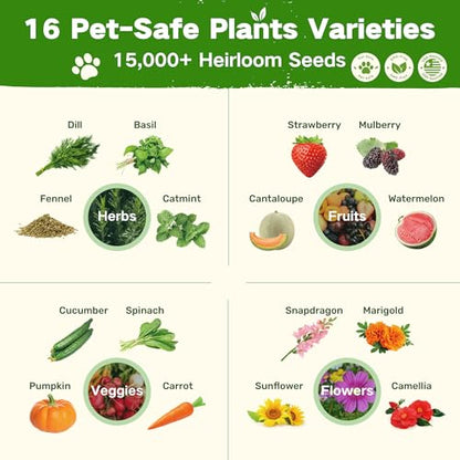Lush&Dew Pet-Friendly Heirloom Seed Bank, Gardening Gifts for Women Men | 16 Varieties 15,000+ Non-GMO Seeds for Planting Herbs Flowers Vegetables in Raised Garden Bed Windowsill, Annuals Perennials - style: Pet-Friendly