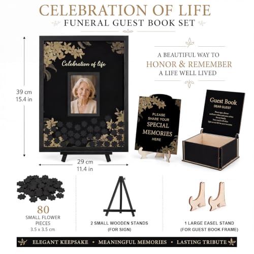 Geelin 56 Pcs Funeral Guest Book Alternatives Set for Memorial Service Elegant Celebration of Life in Loving Memory with 80 Pcs Box Heart Wooden Sign and Pens Funeral Supplies(Black) - color: Black