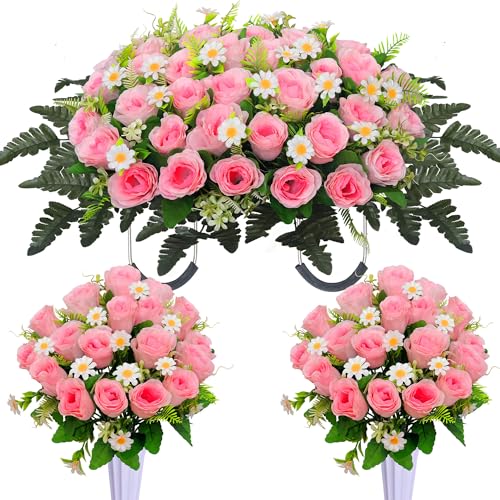 Lodou 3 Pcs Artificial Cemetery Flowers for Graves – Memorial Flower Saddle & 2 Rose Bouquets with Vase,Cemetery Saddle Flowers for Headstone, Elegant Grave Decor for Headstones (Pink) - color: Pink