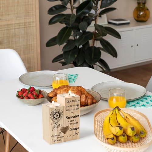 Zainpe Spanish Inspirational Candle Holders for Mum Women Grandma Daughter Friend Sister Bestie, Wooden Heart Double Sided Printing Candlestick Birthday Friendship Gifts - color: Inspirational
