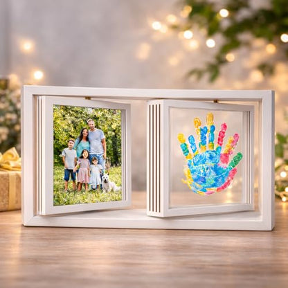 Family Handprint Frame Kit,White Dual Rotating Photo & Handprint Display, DIY Keepsake Craft with Wooden Frame, Non-Toxic Paints, Baby Hand & Footprint Kit, Gift for Grandparents & New Parents - color: White Frame, size: Dual Spin - Handprint & photo