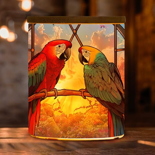 Stained Glass Parrots Tea Light Candle Holder with Bamboo Lid, Colorful Flower Decorations Light Glass Tealight Holder, LED Candle Tealight Jar for Birthday,Wedding,Home Decor - color: Parrots