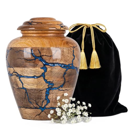 Wooden Cremation Urns for Human Ashes - 80 Cubic Inches Funeral Memorial Urn for Adult Women & Men - Blue Decorative, Burial Urn for Male or Female Memorial Display - size: Medium 80 Cu In
