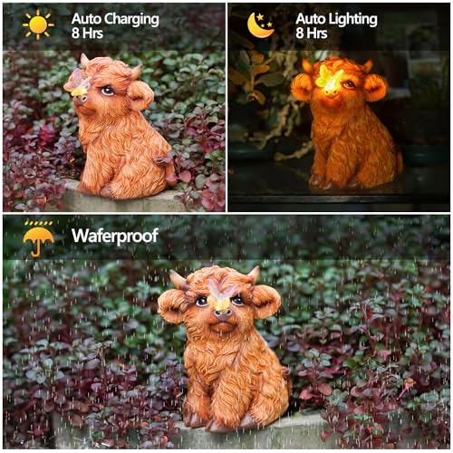 Highland Cow Solar Powered Outdoor Garden Statue, with Light Lantern - style: Sitting cow 5.7in