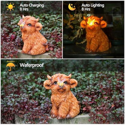 Highland Cow Solar Powered Outdoor Garden Statue, with Light Lantern - style: Sitting cow 5.7in