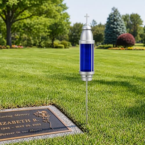 Silver Blue Cemetery Candle Holder for Grave, Cross Memorial Lantern, Cemetery Grave Decoration for Grave Markers