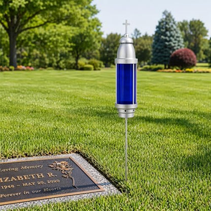 Silver Blue Cemetery Candle Holder for Grave, Cross Memorial Lantern, Cemetery Grave Decoration for Grave Markers