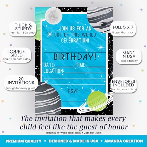 Space Invites – Outer Space Birthday Invitations for Kids, 20 5x7 Fill In Cards with Twenty White Envelopes for Your Outer Space Birthday by AmandaCreation - style: Space Invites
