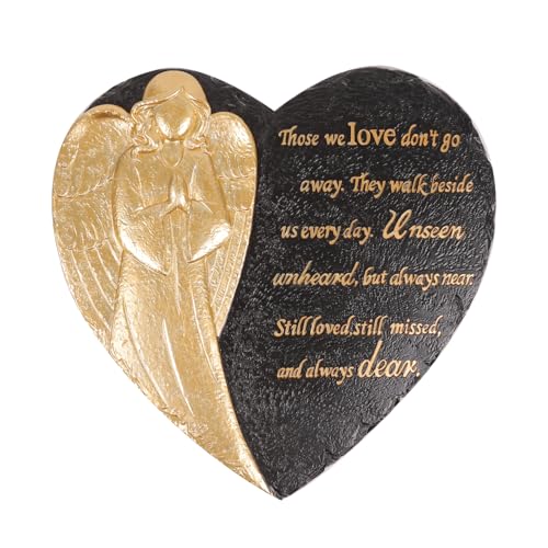 10 Inch Heart Shaped Angel Garden Mmeorial Stones, Memorial plaques for Outdoors, Memorial Garden Angel Decor, in Memory Garden Stones, Memorial Gifts (Black Heart Angel) - color: Black Heart Angel