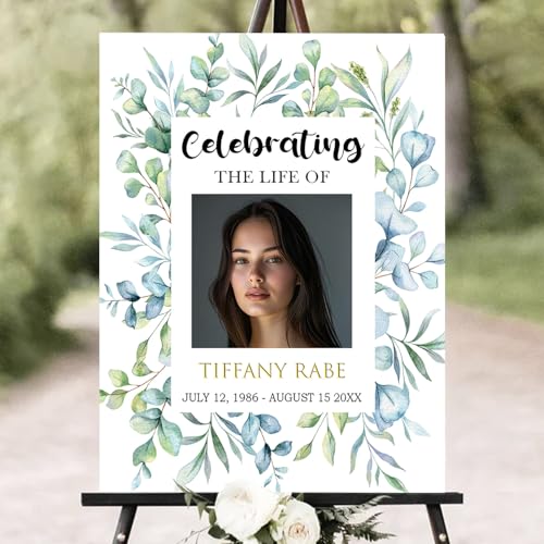 Personalized Funeral Welcome Sign – Celebration of Life Sign with Photo, Custom Memorial Sign with Floral Frame, Minimalist Memory Board for Funeral Décor (Design 15). - color: Design 15