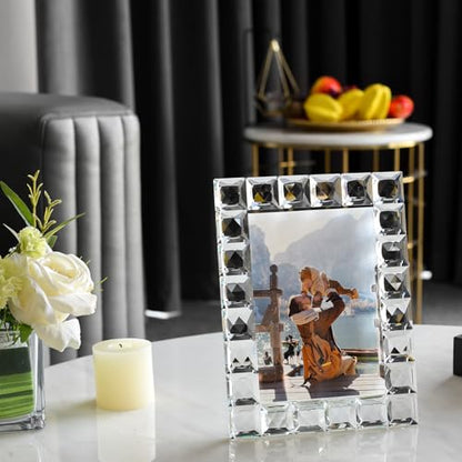 Luxury Crystal Picture Photo Frame,Grid Diamond Craft,Crystal Wedding Frame of Keepsake Photo Frames, Tabletop Display Decor Frame, Clear with Gift Box (5" x 7") - size: 5"x7"