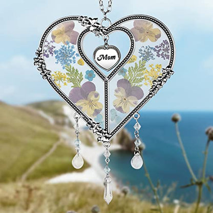 LARAINE Heart Suncatcher with Pressed Flower Wings Mom's Day Love Glass Wind Chime Ornament Charm with Metal Heart Gifts for Mom, Grandma, Aunt, Birthday (Blue) - size: Mom