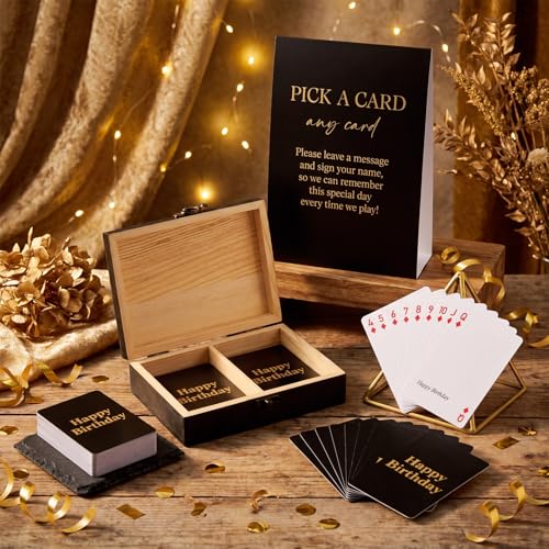 AceOrbit 57 Pack Birthday Guest Book Playing Card Set with Black Wooden Box | Signing Guestbook Alternative Personalized Blank Deck of Cards for Guest Reception Birthdays Celebration Party Games Favors - color: Black, style: Birthday