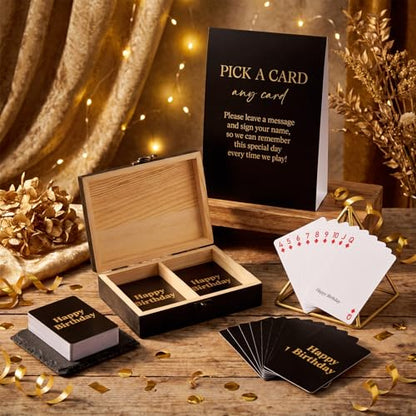 AceOrbit 57 Pack Birthday Guest Book Playing Card Set with Black Wooden Box | Signing Guestbook Alternative Personalized Blank Deck of Cards for Guest Reception Birthdays Celebration Party Games Favors - color: Black, style: Birthday
