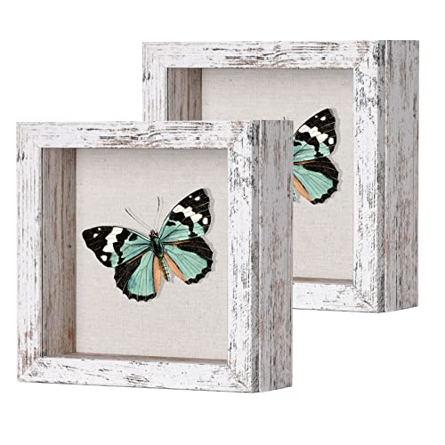 2 Packs 5x5 Shadow Box Frame with Linen Back - Sturdy Rustic Memory Display Case of Flower, Pictures, Medals and More, Distressed White - color: Distressed White, size: 5x5 2P