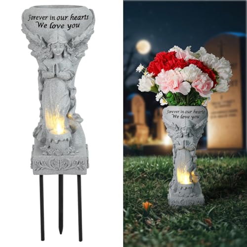 Lewondr Solar Cemetery Vase for Grave, Praying Angel with Spike | Waterproof Memorial Flower Holder with Solar Candle Light, Sympathy Gifts for Loss of Loved One, Gray - color: Gray a