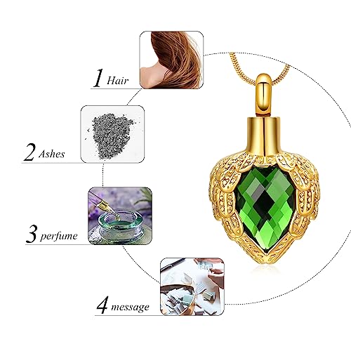 memorial jewelry Gold Angel Wings Glass Heart Urn Pet/Human Cremation Pendant Necklace Jewelry for Ashes - color: Green