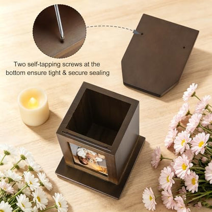 Dletay Pet Urn for Dogs 5.51 Inch with Photo Frame Memorial Small Cremation Urn for Dog Cat Ashes Decorative Pet Ashes Keepsake Memory Box Brown