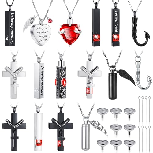 Huquary 16 Pcs Urn Necklace for Ashes Waterproof Stainless Steel Carved Ashes Locket with 8 Filling Kit Heart Cylinder Cross Cubic Fish Hook Jewelry for Ashes with Wing Diamond for Men Women - color: Red