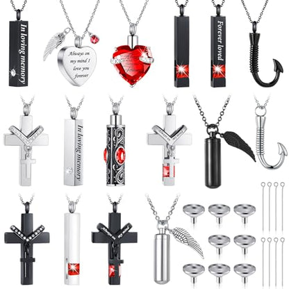 Huquary 16 Pcs Urn Necklace for Ashes Waterproof Stainless Steel Carved Ashes Locket with 8 Filling Kit Heart Cylinder Cross Cubic Fish Hook Jewelry for Ashes with Wing Diamond for Men Women - color: Red