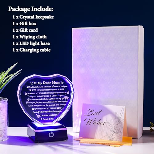 Arikyrist Gifts for Mom with Colorful LED Base Moms Birthday Gifts from Daughter Son to My Mom Gift Crystal Heart Keepsake Best Mother Presents Idea for Christmas Mother's Day Valentine - style: Mom Gifts + Light Base
