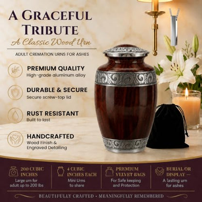 Set of 2 Wood-Grain Urn for Adult Human Ashes Adult Male & Female – Includes 1 Large Hand-Engraved Adult Urn with 1 Memorial Necklace - color: Wooden Grain - Single Urn