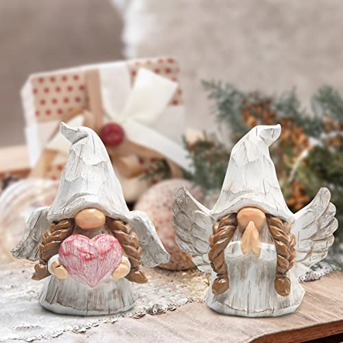 Hodao Angel Gnomes Figurines Set of 2, Handcrafted Wood-Like Resin Guardian Angel Statues with Heart & Prayer, Lucky Home Decor for Shelf, Tiered Tray, Christmas for Mom Grandma Friends