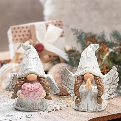 Hodao Angel Gnomes Figurines Set of 2, Handcrafted Wood-Like Resin Guardian Angel Statues with Heart & Prayer, Lucky Home Decor for Shelf, Tiered Tray, Christmas for Mom Grandma Friends