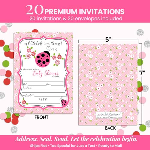 Amanda Creation Ladybug Baby Shower Invitations, 20 Fill-In 5x7 Love Bug Baby Shower Invitation Double-Sided Pink Ladybug Theme Invite Cards with White Envelopes - style: Pink Ladybug