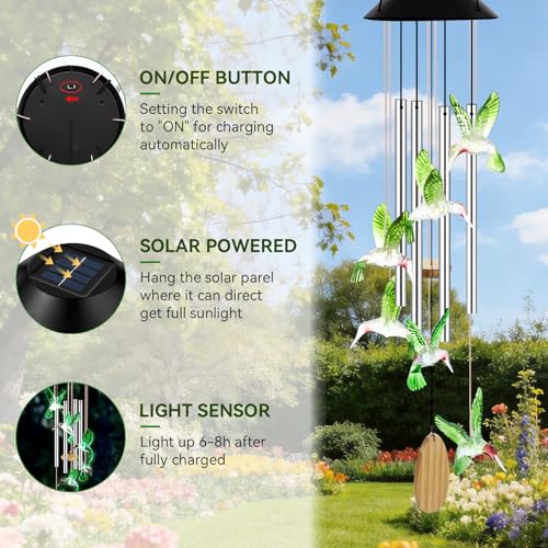 Solar Wind Chimes for Outside Color Changing Light, Green Hummingbird - color: Green Hummingbird