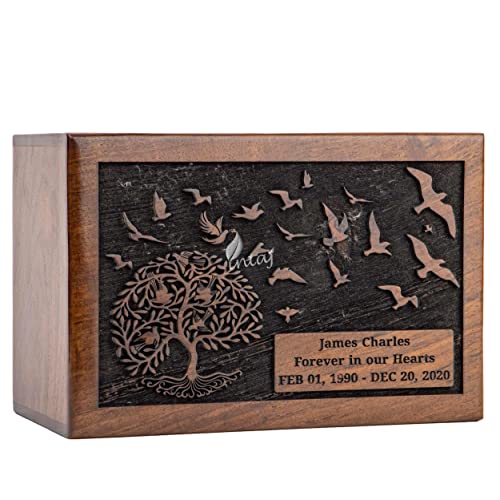 Personalized Urn for Human Ashes, Engraved Tree and Birds, Medium | Hand-carved solid sheesham rosewood, screw-locked sliding base, engraving available, holds up to 110 lb - color: Engraved Tree With Birds, size: Medium (110 lb)