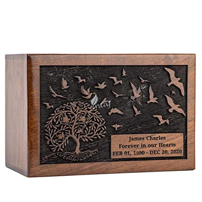 Personalized Urn for Human Ashes, Engraved Tree and Birds, Medium | Hand-carved solid sheesham rosewood, screw-locked sliding base, engraving available, holds up to 110 lb - color: Engraved Tree With Birds, size: Medium (110 lb)