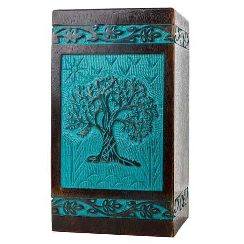 Tree of Life Wooden Urn for Human Ashes, XX-Large 640 cu in, Teal | Teal companion cremation urn for two adults. Hand-carved solid wood, locking base, columbarium safe. - color: Teal Green, size: XX-Large (640 lbs)