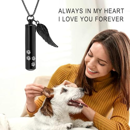 Cylinder Cremation Jewelry Urn Necklace Pet Ashes Pet Paw Memorial Ashes Necklace with Angel Wing for Dog/Cat Keepsake Jewelry for Men Women - color: Black（Large）