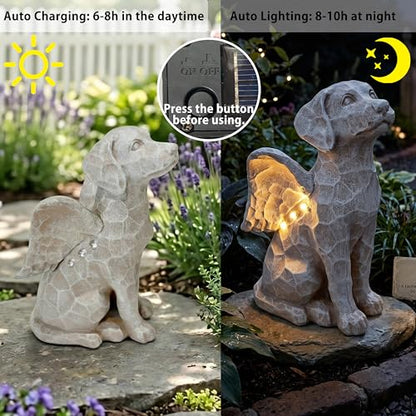 Solar Angel Dog Statue with Lights,Dog Memorial Statue for Outdoor