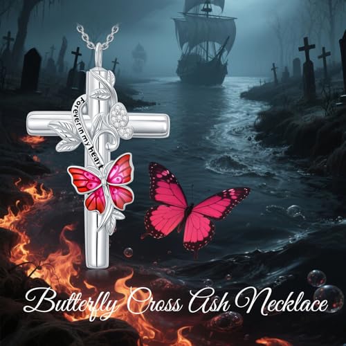 SOULMEET Enamel Butterfly Cross Urn Necklace for Ashes, Cross Moissanite Butterfly Ashes Necklaces with Forever in My Heart Engraved Keepsake Cremation Locket Jewelry for Women Men - color: F-Pink, style: Non Custom
