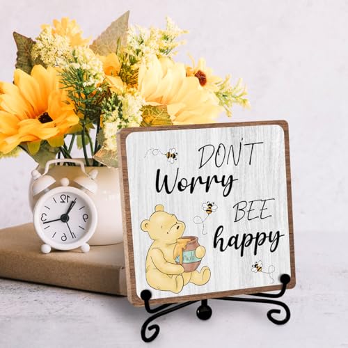 Inspirational Winnie Gifts for Women Men, Motivational Quotes Tabletop Sign | Winnie Decor for Friend Bestie Coworker, Positive Wooden Plaque with Iron Stand for Office Bedroom Living Room Home Shelf - style: Bee happy